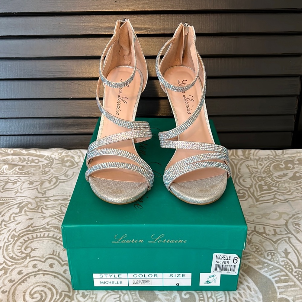 Lauren Lorraine Michelle Rhinestone Ankle Strap Open Heel Silver Sparkle Sandal